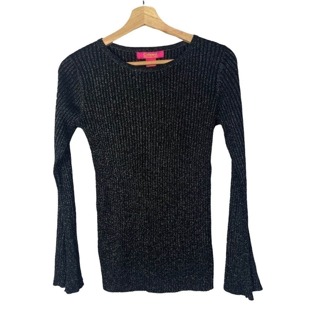 Catherine Malandrino Black Glitter Fitted Ribbed Scoop Neck Long Sleeve M